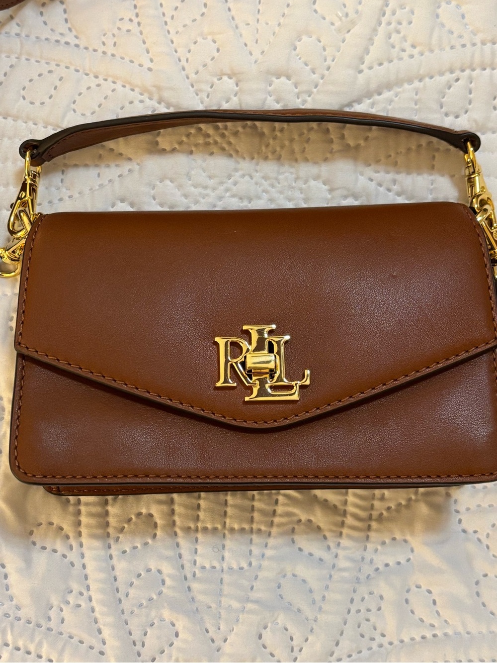 Lauren Ralph Lauren Brown Crossbody Shoulder Bag Gold LRL Logo